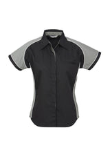 Ladies Nitro Shirt in black, grey, and white for size 24 women, featuring contrast panels, concealed placket, and jet pocket.