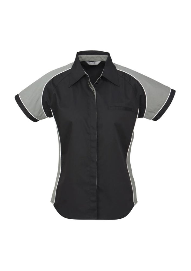 Ladies Nitro Shirt in black, grey, and white for size 24 women, featuring contrast panels, concealed placket, and jet pocket.