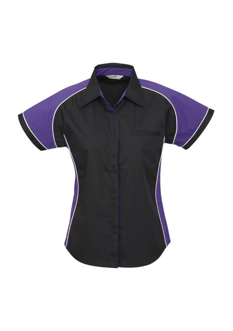 Ladies Nitro Shirt in Black, Purple, and White, size 22, featuring stylish contrast panels and comfortable side splits.