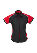 Ladies Nitro Shirt in Black, Red, and White, Size 18, featuring contrast panels, concealed placket, and stylish jet pocket.