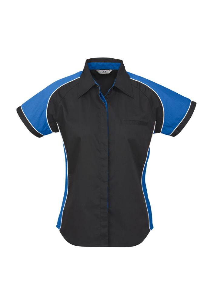 Ladies Nitro Shirt in Black/Royal/White, Size 8, featuring stylish contrast panels, side splits, and concealed placket for comfort and versatility.