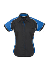 Ladies Nitro Shirt in Black/Royal/White, Size 8, featuring stylish contrast panels, side splits, and concealed placket for comfort and versatility.