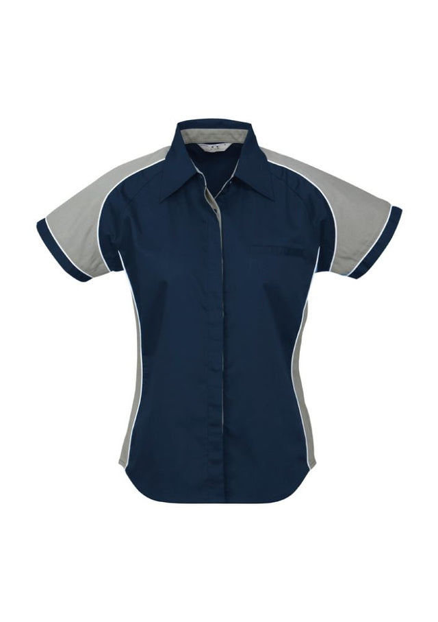 Stylish Ladies Nitro Shirt in Navy, Grey, and White featuring contrast panels, concealed placket, and side splits. Size 8.