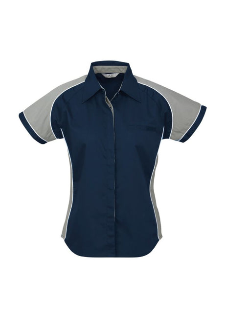Navy/grey/white Ladies Nitro Shirt, size 22, featuring contrast panels, a concealed placket, and a functional jet pocket.