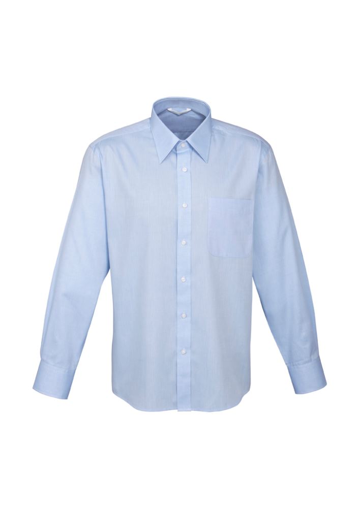 Mens Luxe Long Sleeve Shirt in blue, 4XL, made from breathable cotton with wrinkle-free finish and cufflink openings.