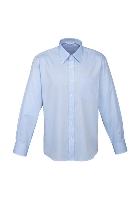 Mens Luxe Long Sleeve Shirt in Blue, Size L, crafted from 100% Cotton Mini Herringbone for comfort and style.