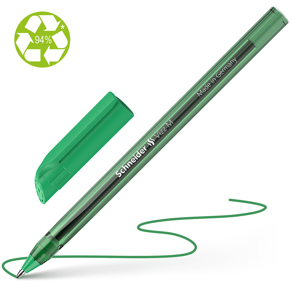 Schneider Vizz medium green ballpoint pen with transparent body and durable writing tip for effortless, eco-friendly writing.