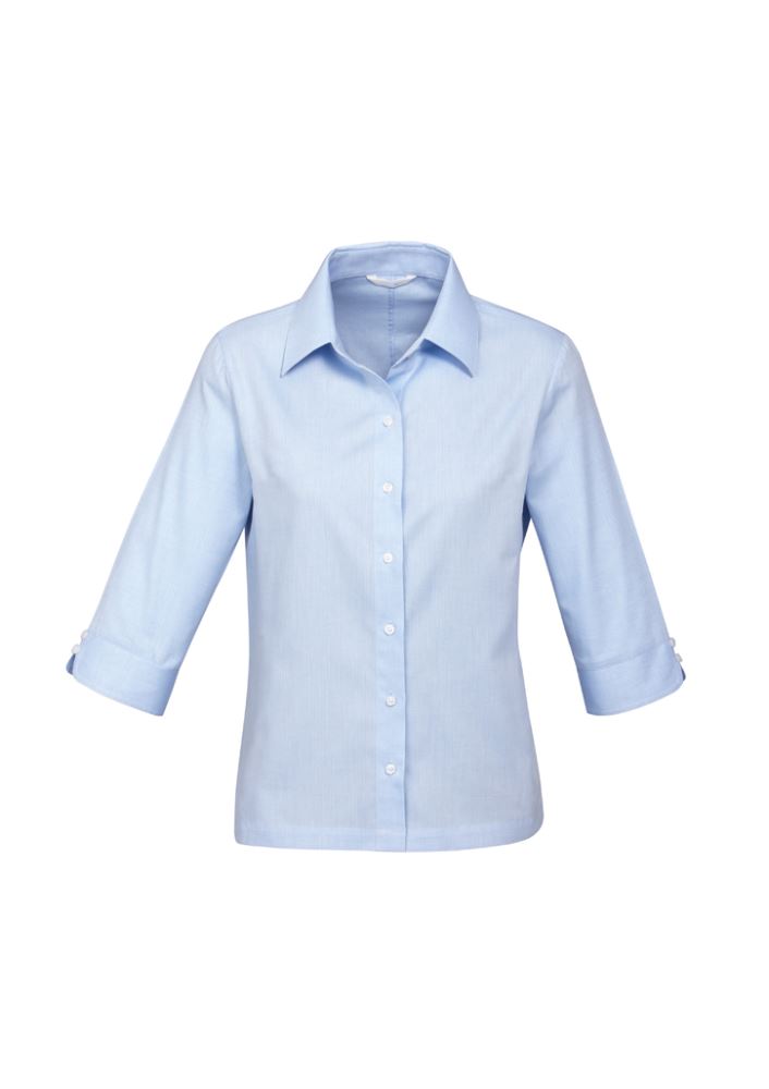 Sophisticated blue 3/4 sleeve ladies shirt with cuff detail, darts for shape, and easy iron, wrinkle-free fabric.
