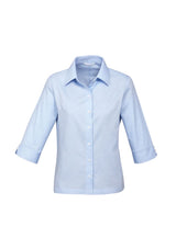 Sophisticated blue 3/4 sleeve ladies shirt with cuff detail, darts for shape, and easy iron, wrinkle-free fabric.