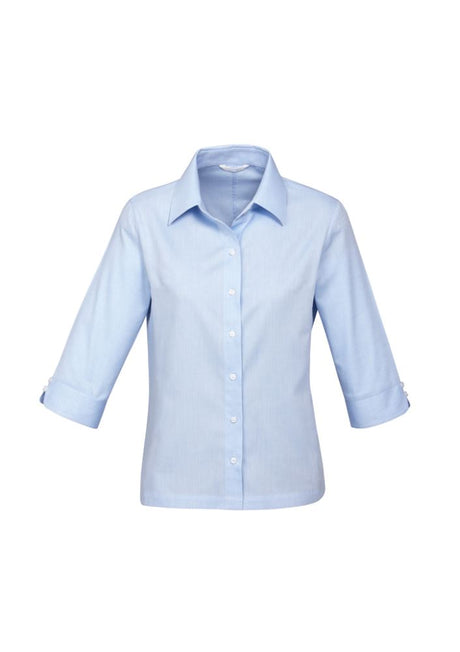 Sophisticated blue 3/4 sleeve ladies shirt with cuff detail, darts for shape, and easy iron, wrinkle-free fabric.