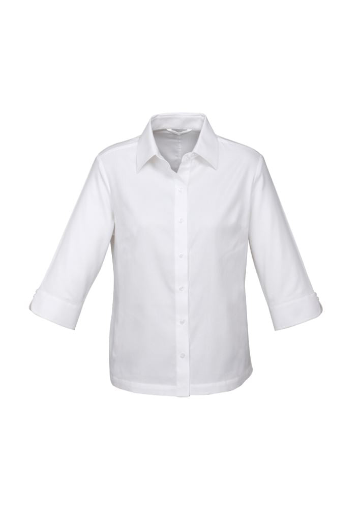 Ladies Luxe 3/4 sleeve shirt in white, size 8, featuring elegant cuff detailing and tailored fit for professional style.