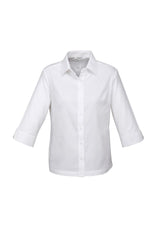 Luxe 3/4 sleeve shirt in white for ladies, crafted from 100% cotton, featuring elegant cuffs and a flattering fit. Size 6.