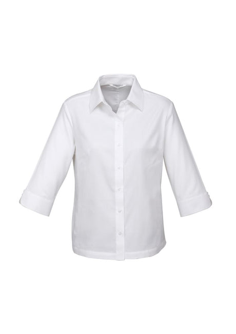 Luxe 3/4 sleeve shirt in white for ladies, crafted from 100% cotton, featuring elegant cuffs and a flattering fit. Size 6.