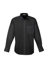 Men's Base Long Sleeve Shirt in black, size L, made from breathable polyester-cotton, featuring a left chest pocket for practicality.