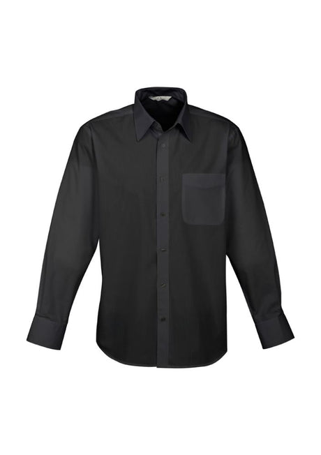 Mens Base Long Sleeve Shirt in black, size XL, featuring a left chest pocket, made of breathable polyester-cotton blend.