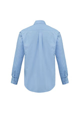Light blue long sleeve men's shirt with chest pocket, made of breathable 65% Polyester and 35% Cotton, perfect for casual or office wear.