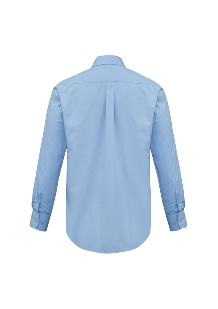 Light blue long sleeve shirt for men, size XL, featuring a left chest pocket and made from breathable polyester-cotton fabric.