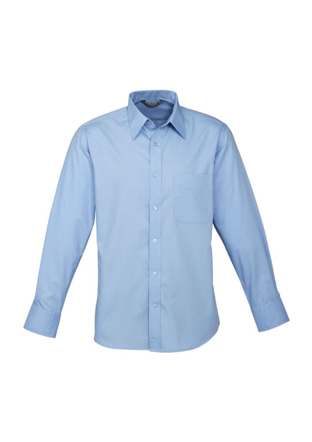 Light blue men's long sleeve shirt from Biz Collection, featuring a left chest pocket and made from a comfortable polyester-cotton blend.