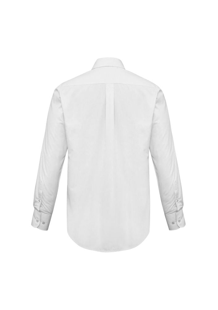Men's white long sleeve shirt in XL from Biz Collection, featuring a chest pocket and made of soft, durable poplin fabric.