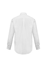Men's white long sleeve shirt in XL from Biz Collection, featuring a chest pocket and made of soft, durable poplin fabric.