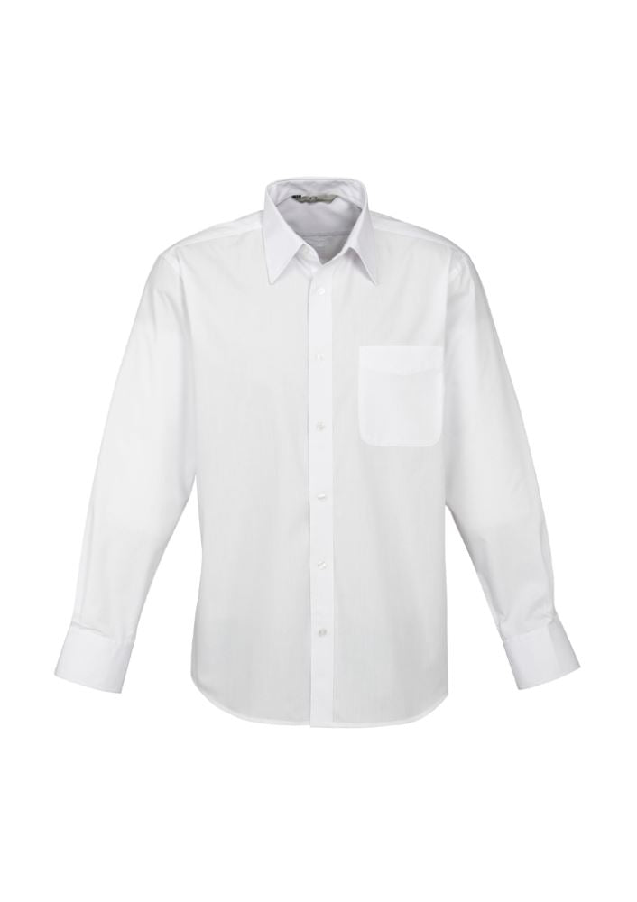 Men's XL white long sleeve shirt from Biz Collection, featuring a chest pocket, crafted from soft polyester-cotton blend.