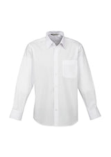 Men's XL white long sleeve shirt from Biz Collection, featuring a chest pocket, crafted from soft polyester-cotton blend.
