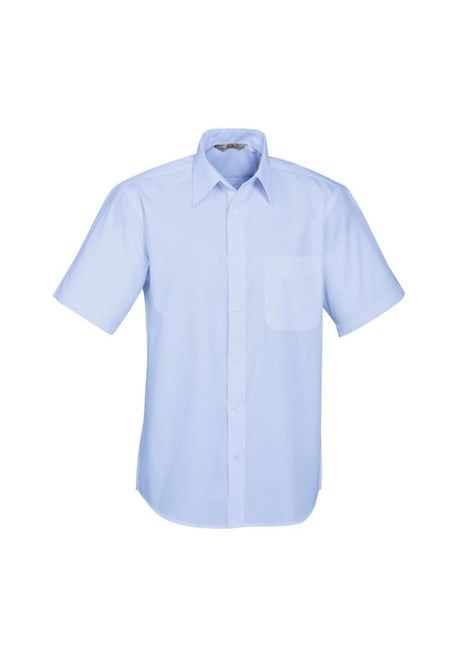 Light blue men's short sleeve shirt in size 2XL with left chest pocket, made from 65% polyester and 35% cotton blend.