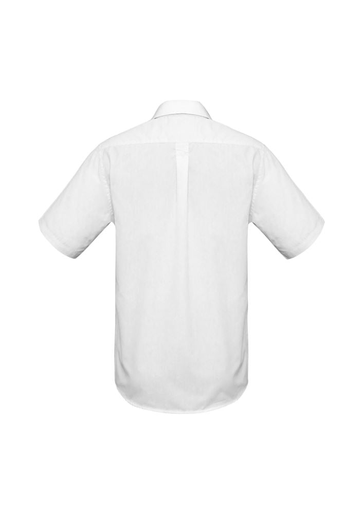Mens Base Short Sleeve Shirt in white, size S, featuring a left chest pocket and a blend of polyester and cotton for comfort.