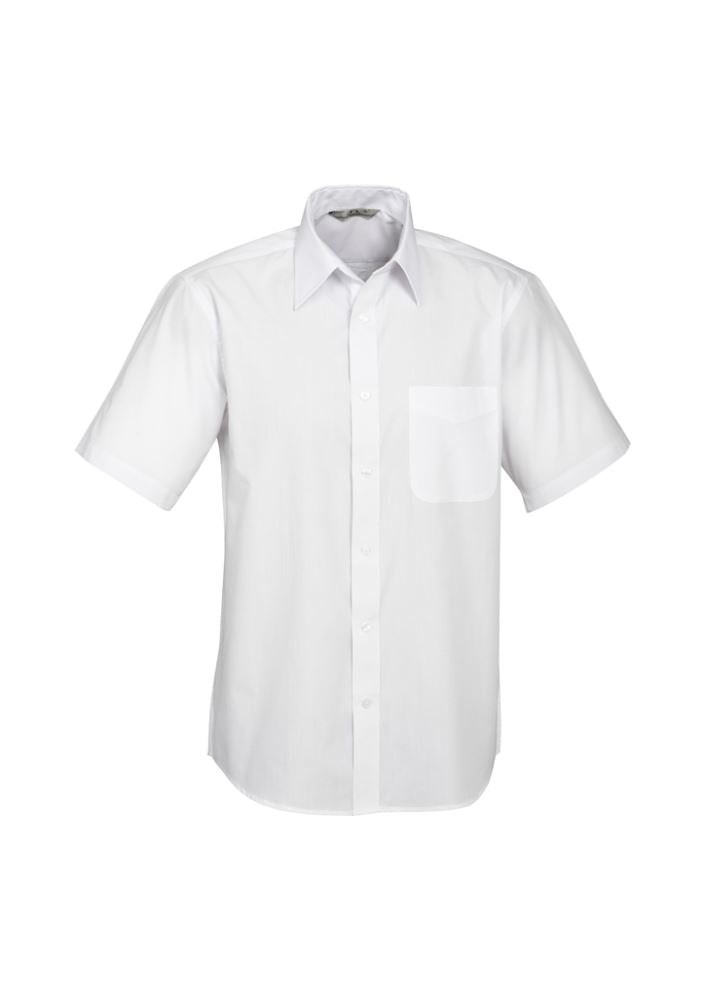 Mens Base Short Sleeve Shirt in White, size S, featuring breathable fabric and a functional chest pocket for versatile style.