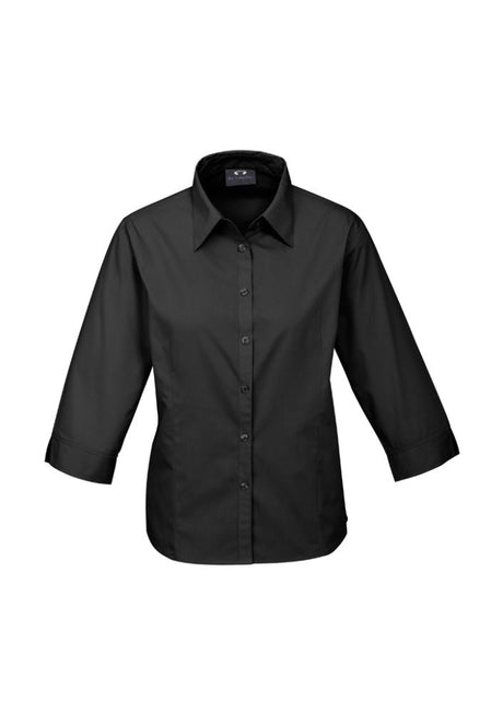 Black ladies' 3/4 sleeve shirt in size 18, crafted from soft and durable poplin fabric, perfect for casual and professional wear.