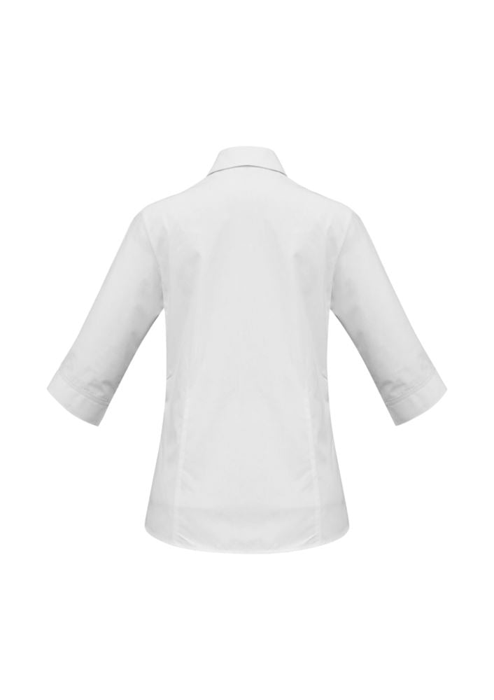 Ladies Base 3/4 Sleeve Shirt in white, Size 6, made from soft, breathable poplin fabric for stylish, versatile wear.