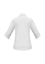 Women’s white 3/4 sleeve shirt by Biz Collection, made of breathable polyester-cotton blend for versatile styling and comfort.