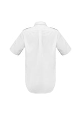 Men's white epaulette short sleeve shirt size XL from Biz Collection, featuring twin chest pockets and breathable fabric.