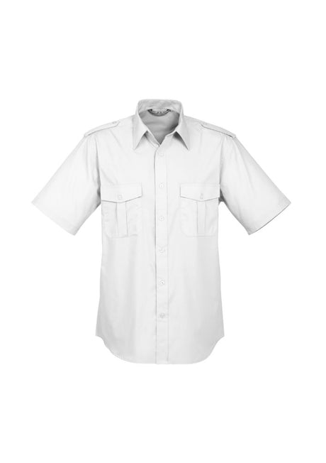 Men's white short sleeve shirt with epaulettes, twin chest pockets, and box pleat for comfort and style, size L.