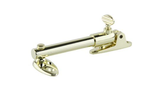 Short Telescopic Stay 90mm for side hung windows, brass plated, features adjustable notches and extends up to 170mm.