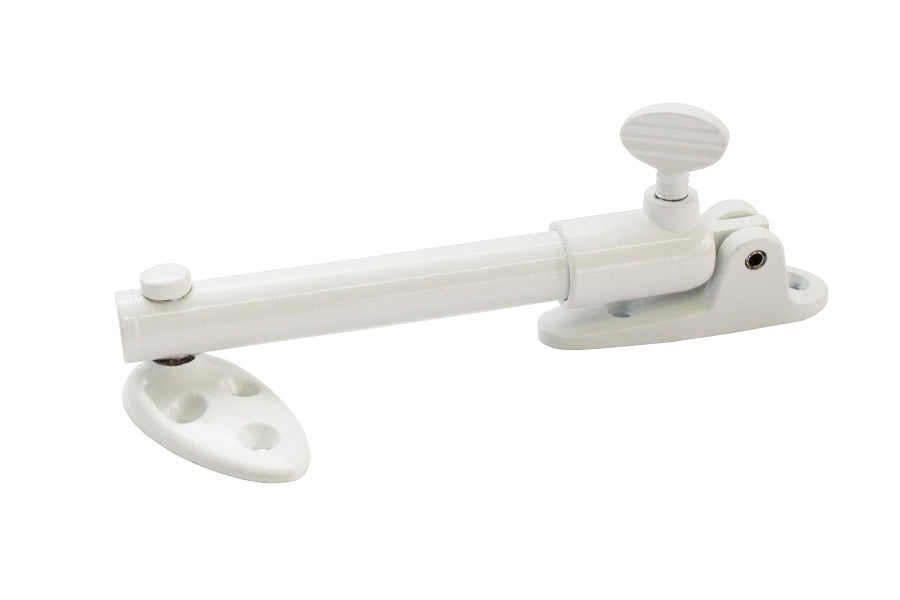 Short telescopic window stay for side hung windows, white powder-coated, adjustable, durable brass and zinc construction.