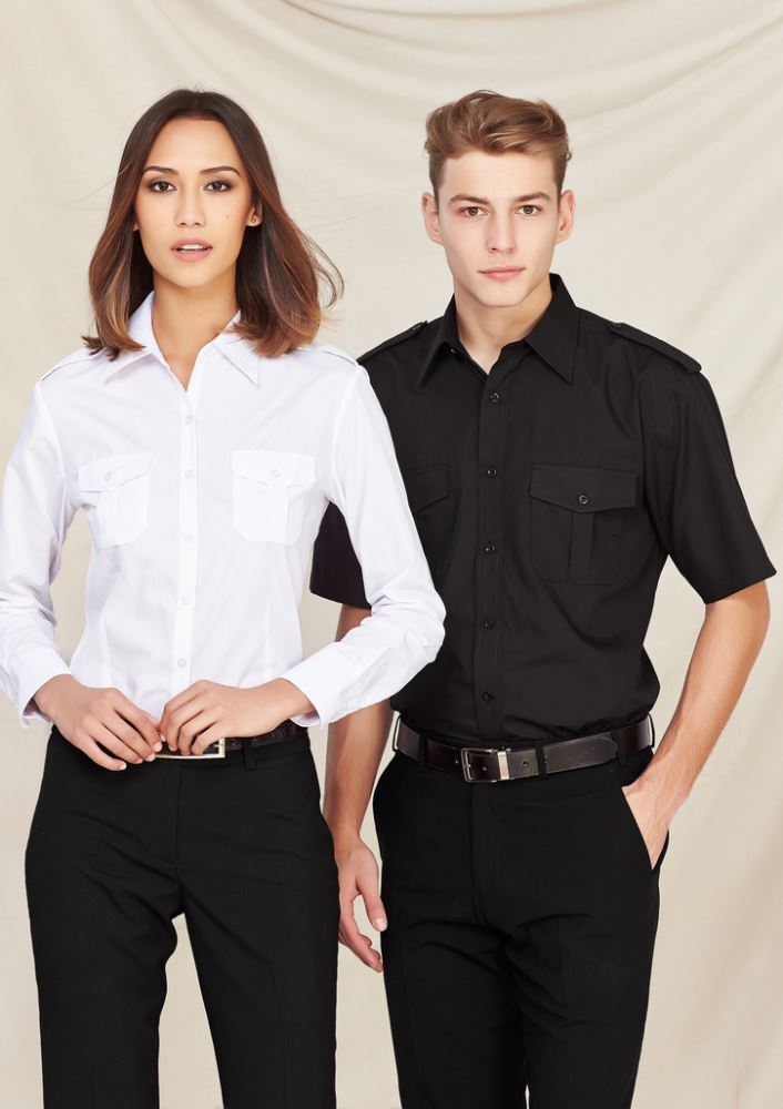 Mens white short sleeve shirt with epaulettes, twin chest pockets, and box pleat for comfort, size S by Biz Collection.