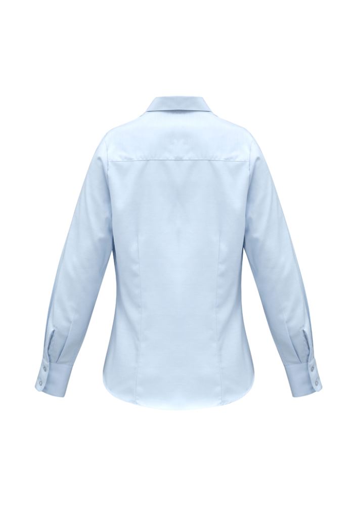 Elegant blue long sleeve shirt for size 16, made from easy-care 100% cotton with darts for flattering fit and stylish cuff buttons.