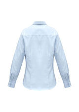 Elegant blue long sleeve shirt for size 16, made from easy-care 100% cotton with darts for flattering fit and stylish cuff buttons.