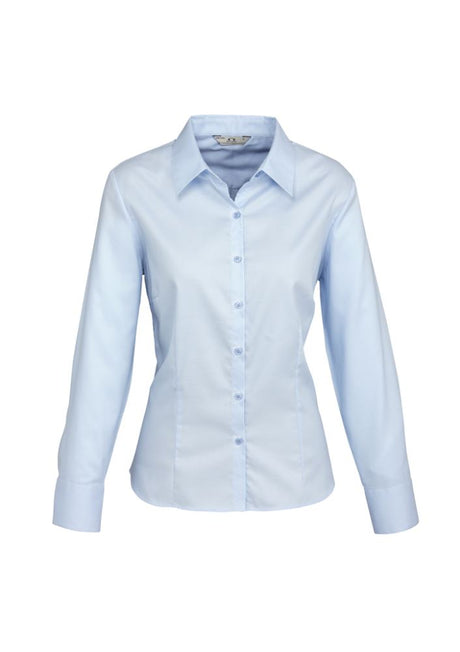 Ladies Luxe Long Sleeve Shirt in blue, size 20, featuring wrinkle-free cotton fabric and elegant cuff details from Biz Collection.