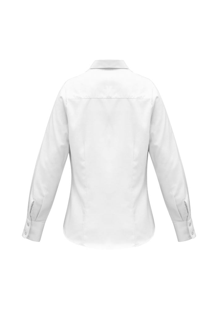 Ladies Luxe Long Sleeve Shirt in white, size 24, featuring breathable fabric, flattering darts, and elegant cuff buttons.