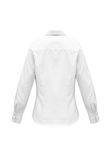 Ladies Luxe Long Sleeve Shirt in white, size 24, featuring breathable fabric, flattering darts, and elegant cuff buttons.