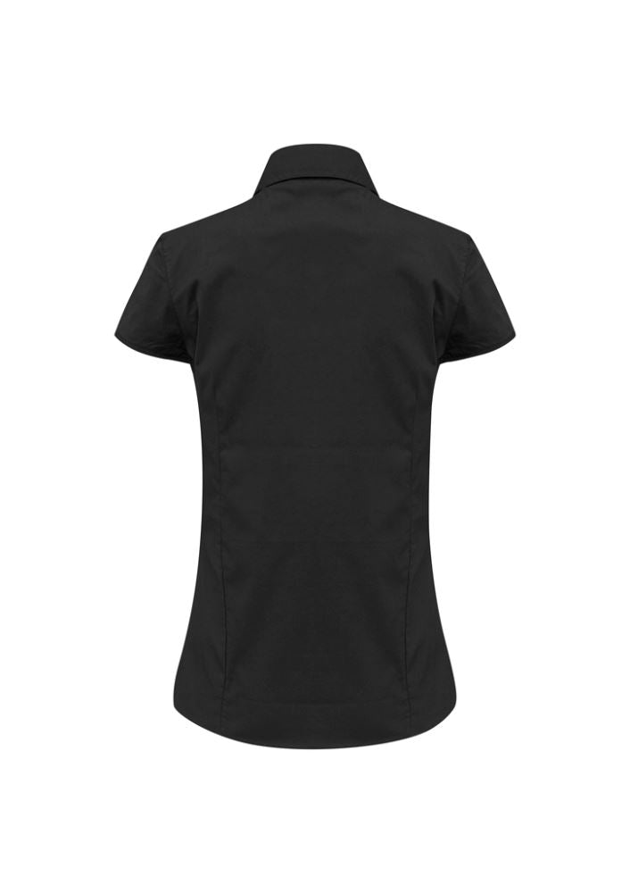 Black cap sleeve shirt for women, size 20, featuring cuffed sleeves, curved hem, and UPF rating for comfort and style.