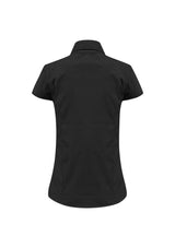 Black cap sleeve shirt for women, size 20, featuring cuffed sleeves, curved hem, and UPF rating for comfort and style.