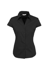 Ladies Metro Cap Sleeve Shirt in black, size 20, featuring cuffed sleeves and a flattering, versatile design for any occasion.
