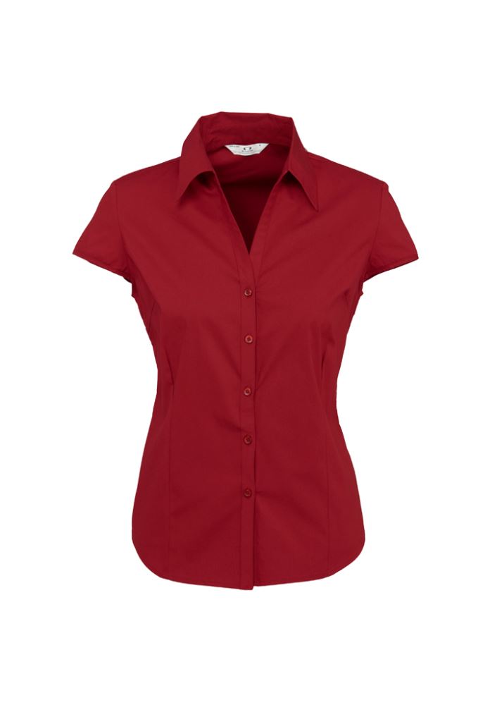 Stylish cherry cap sleeve shirt for women, featuring a slim placket, curved hem, and great sun protection in size 14.