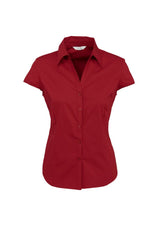 Stylish cherry cap sleeve shirt for women, featuring a slim placket, curved hem, and great sun protection in size 14.