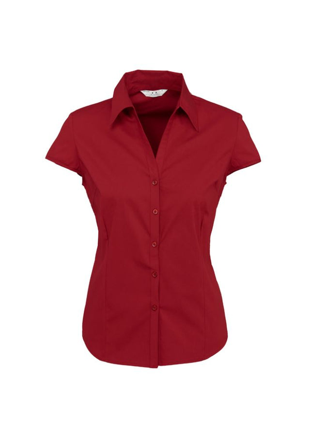 Stylish cherry cap sleeve shirt for women, featuring a slim placket, curved hem, and great sun protection in size 14.