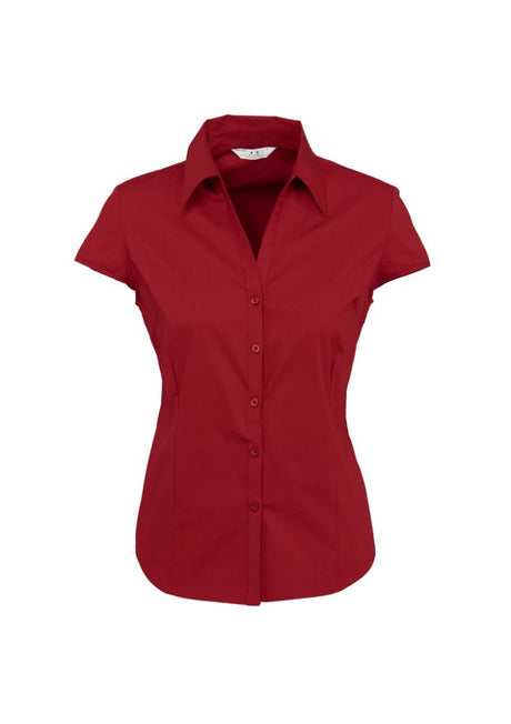 Ladies Metro Cap Sleeve Shirt in Cherry, Size 16, featuring a polished look, comfortable fabric, and flattering curved hemline.