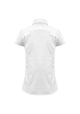 White cap sleeve shirt for women, size 6, featuring a slimline placket and curved hem, perfect for professional and casual wear.